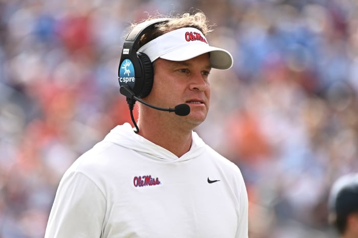 Oct 15, 2022; Oxford, Mississippi, USA; Mississippi Rebels head coach Lane Kiffin walks off the field during a timeout during the first quarter of the game against the Auburn Tigers at Vaught-Hemingway Stadium. Mandatory Credit: Matt Bush-USA TODAY Sports
